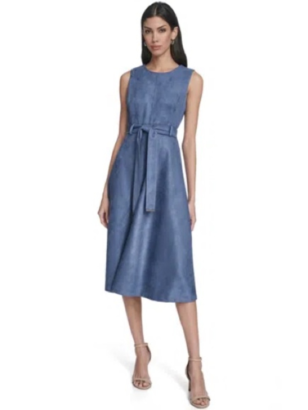 Calvin Klein Faux Suede A-Line Tie Waist Midi Dress In Blossom Indigo Sz 12  NWT